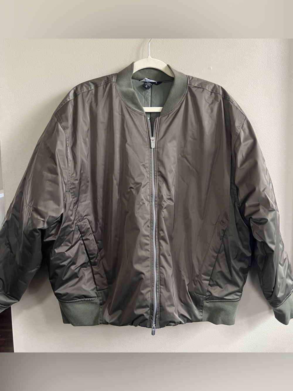 Athleta Sateen Bomber Olive Green Oversized Zip Up Jacket size XL